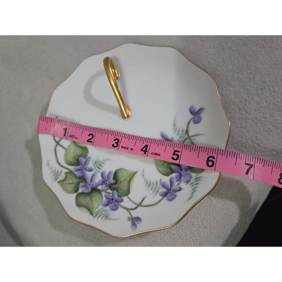 Antique E. Stawski Hand Painted Floral Serving Dish Finger Loop Handle Purple - Picture 6 of 6